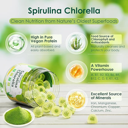Organic Spirulina + Chlorella Gummies, High in Vegan Protein, Chlorophyll, Nutrient Dense Green-Blue Algae +Super Greens, Vitamin C, D3, Zinc, B12 for Daily Energy, Cleanse, Antioxidant, Immune, 60Cts