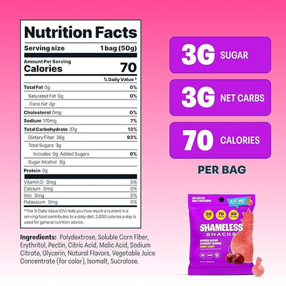 Shameless Snacks - Healthy Low Calorie Snacks, Low Carb Keto Gummies (Gluten Free Candy) - 6 Pack Sour Cherry Bomb