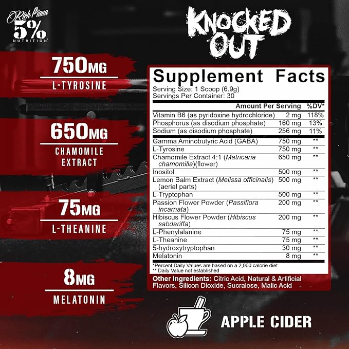 5% Nutrition Rich Piana Knocked Out Natural Sleep Aid | Post-Workout Recovery & Deep Sleep Supplement | GABA, Melatonin, Chamomile, Tyrosine, 5-HTP, & More | 7.3 oz, 30 Servings (Apple Cider)