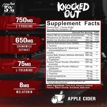 5% Nutrition Rich Piana Knocked Out Natural Sleep Aid | Post-Workout Recovery & Deep Sleep Supplement | GABA, Melatonin, Chamomile, Tyrosine, 5-HTP, & More | 7.3 oz, 30 Servings (Apple Cider)