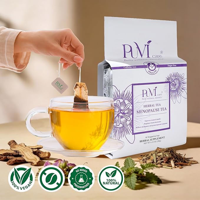 Puvi Care Menopause Tea, Dong Quai Tea for Hot Flash Relief, Herbal Tea bags Hormone BalancePassion Flower Tea Motherwort tea | Non-GMO, Sugar-Free, Gluten Free | Hot flash relief for women | 90 Bags