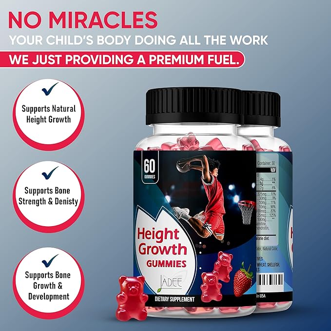 Jadee Height Growth Gummies for Teens & Kids Calcium 325mg, Teen Vitamins D3,K2,C, Magnesium, Ashwagandha, Zinc, L-Arginine - Bone Healthy Growth, Development & Strength - Height Increase & Immunity