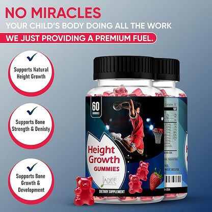 Jadee Height Growth Gummies for Teens & Kids Calcium 325mg, Teen Vitamins D3,K2,C, Magnesium, Ashwagandha, Zinc, L-Arginine - Bone Healthy Growth, Development & Strength - Height Increase & Immunity