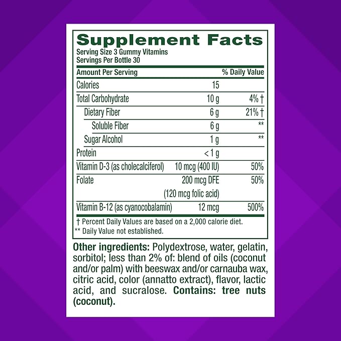 Vitafusion GLP-1 Support Fiber Plus Vitamins D,B12 and Folate Gummy Vitamins,Citrus Flavor,Sugar Free,30 Day Supply,90 Count (Pack of 2)