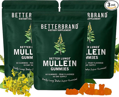 Betterbrand Mullein Chewable Gummies for Lung Cleanse and Detox, Respiratory Health Supplement, 1000mg Mullein Extract per Serving, 180 Gummies - 90 Day Supply - Pear Flavored