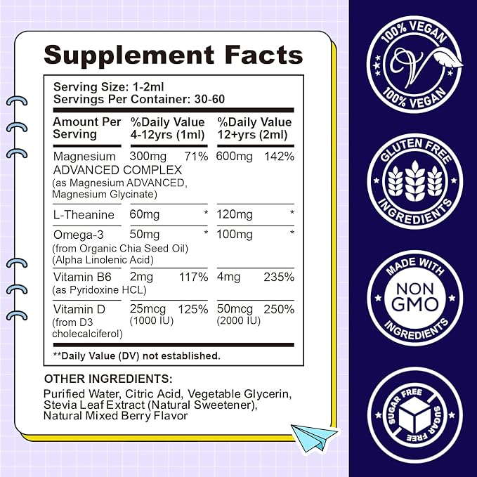 Kids Magnesium Liquid Drops-Magnesium Glycinate Liquid for Kids Supplement-w/L-theanine, Omega-3, Vitamin B6, D3 - for Sleep, Relaxation, Brain, Bones - Mixed Berry Flavor, 4 Fl Oz