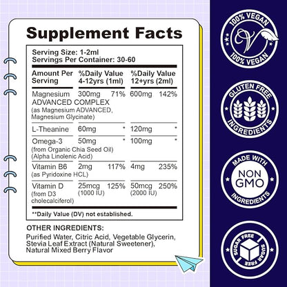 Kids Magnesium Liquid Drops-Magnesium Glycinate Liquid for Kids Supplement-w/L-theanine, Omega-3, Vitamin B6, D3 - for Sleep, Relaxation, Brain, Bones - Mixed Berry Flavor, 2 Fl Oz