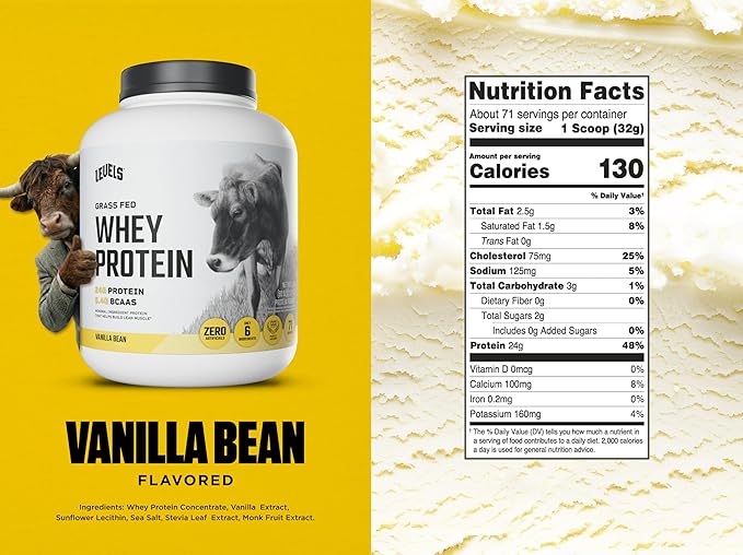 Levels Grass Fed Whey Protein Powder, No Artificials, 24G of Protein, Vanilla Bean, 5LB