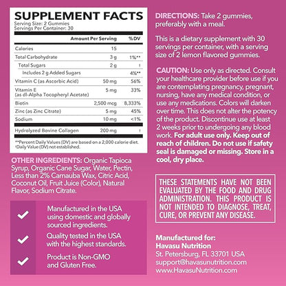 Collagen Gummies for Women and Men with 2500mcg Biotin, Zinc, Vitamin C & E - Hydrolyzed Collagen Gummies for Hair, Skin & Nail Support - Biotin and Collagen Gummies - Lemon Flavor - 30 Servings
