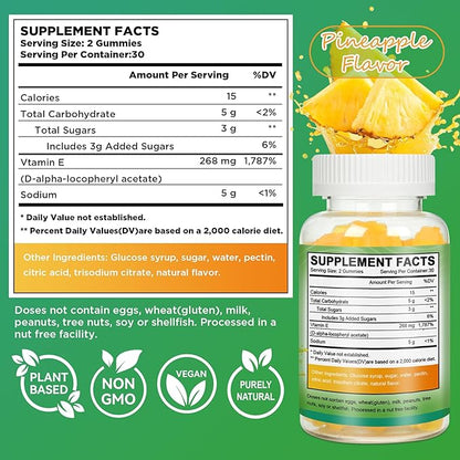 Laicuherb Vitamin E Gummies for Skin & Immune, Pineapple Flavor 268mg Per Serving Vitamin E 400 IU Gummies for Adults, 60 Count Sugar-Free Gluten-Free Vegan Gummy for Daily Wellness