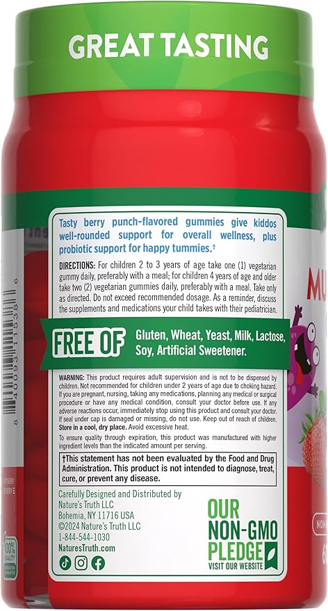 Nature's Truth Kids Multivitamin Gummies with Probiotics | 60 count | Berry Punch Flavor | Vegetarian, Non-GMO & Gluten Free Supplement