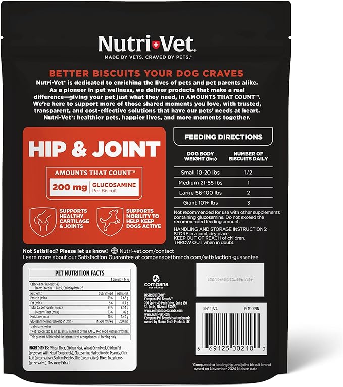 Nutri-Vet Hip & Joint Biscuits, Dog Joint Supplement, Dog Treat, Small Sized Biscuit with 166mg Glucosamine, Puppy Supplements, Tasty Glucosamine Treat, Puppy Essentials, 16 oz Bag