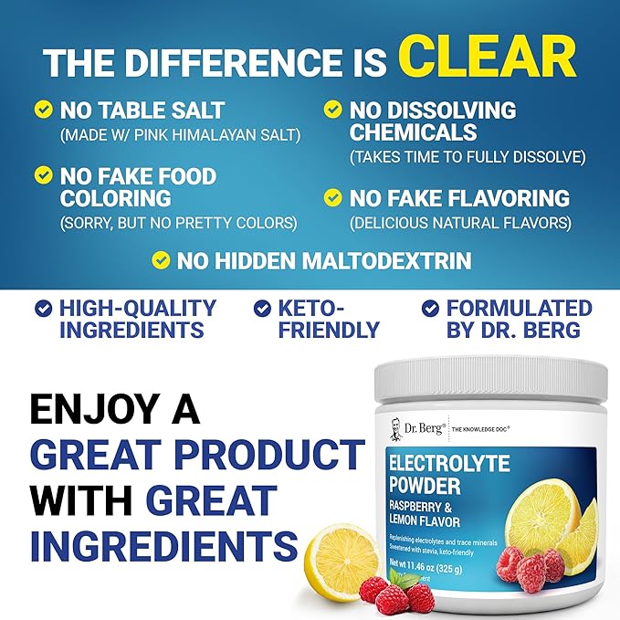 Dr. Berg Zero Sugar Hydration Keto Electrolyte Powder - Enhanced w/ 1000 mg of Potassium & Real Pink Himalayan Salt (NOT Table Salt) - Raspberry & Lemon Flavor Hydration Drink Supplement - 50 Servings