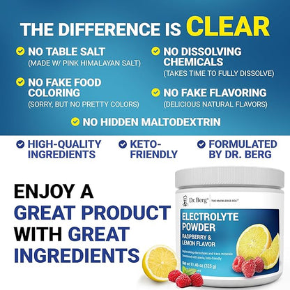 Dr. Berg Zero Sugar Hydration Keto Electrolyte Powder - Enhanced w/ 1000 mg of Potassium & Real Pink Himalayan Salt (NOT Table Salt) - Raspberry & Lemon Flavor Hydration Drink Supplement - 50 Servings