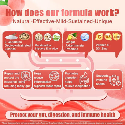 L-Glutamine 1200mg Gut & Immune Support Gummies,Leaky Gut Repair Supplement with Slippery Elm,Marshmallow Root,Ginger Root,Arabinogalactan,Organic Aloe,Vitamin C,Vitamin D3,Zinc,Sugar-Free | 60 Count