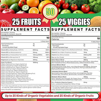 Super Greens Gummies, Daily Green Superfood Supplement w/Spirulina, Chlorella, Mushrooms, Probiotics, Multivitamins, 50+ Super Greens & Veggies Gummies to Boost Immunity, Energy & Gut Health, 120cts