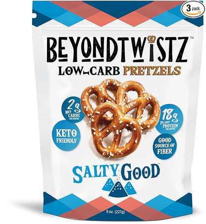 BeyondTwistz Low Carb Pretzels, Salty Good, Keto Friendly, 2g Net Carbs, 18g Protein, Powered By HealthSense® High Fiber Wheat Flour, Family Size 8oz Bag, Pack of 3