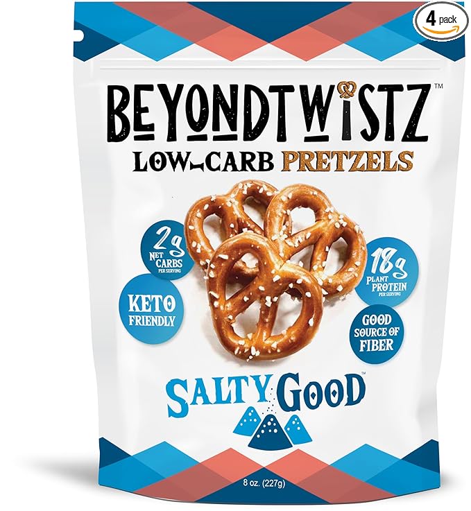BeyondTwistz Low Carb Pretzels, Salty Good, Keto Friendly, 2g Net Carbs, 18g Protein, Powered By HealthSense® High Fiber Wheat Flour, Family Size 8oz Bag, Pack of 4