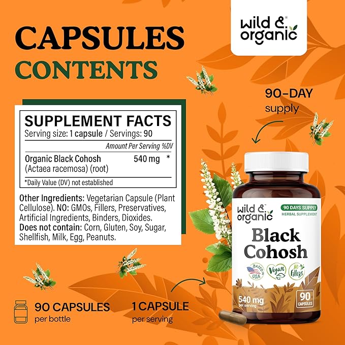 Wild & Organic Black Cohosh Capsules 540 mg - Menopause Supplements for Women - Black Cohosh for Women - Actaea Racemosa Herb - 90 Days of Supply - Vegan, No Fillers, Non-GMO - 90 Count