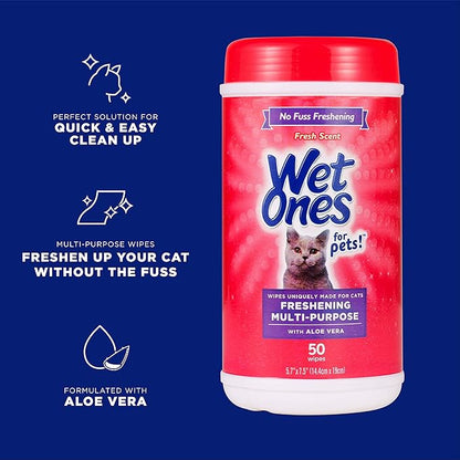 Wet Ones for Cats Freshening Wipes, Multi-Purpose Cat Grooming Wipes with Aloe Vera, Helps Remove Dirt, Odor, and Dander Between Baths, Fresh Scent, 50 Count