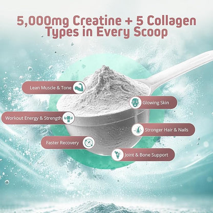 Herbtonics Creatine for Women 5000mg Creatine Monohydrate + Multi Collagen Protein Powder (Type I, II, III, V, X) – Lean Muscle, Recovery & Skin Support – Grass-Fed, No Bloat, Unflavored – 30 Servings