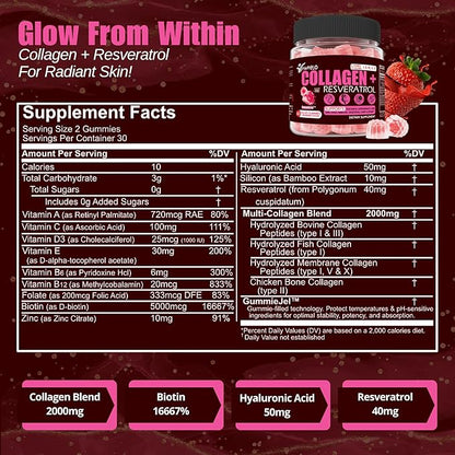 Multi Collagen Gummies Hydrolyzed Type I, II, III, V, X Plus Resveratrol Hyaluronic Acid & Biotin Gummies for Hair Skin and Nails Vitamins | Multi Collagen Peptides | Sugar Free