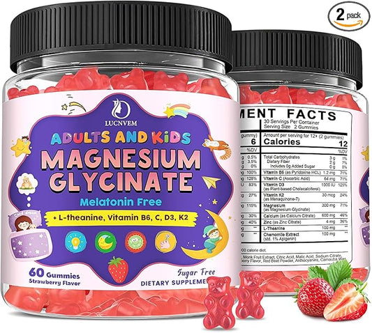 Magnesium Glycinate Gummies for Kids 4+ & Adults- Melatonin Free Sleep Aid, Magnesium Glycinate 150/300 mg Supplements for Calm & Relaxation Support, Sugar Free Strawberry Flavor, 120 Ct