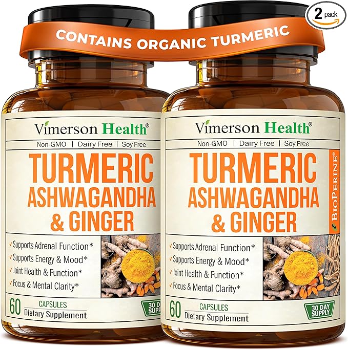 Ashwagandha Organic Turmeric Curcumin Supplement with Ginger Root & Black Pepper – Joint Health, Energy & Immune Support – Antioxidant Blend with 95% Curcuminoids – 2 Pack