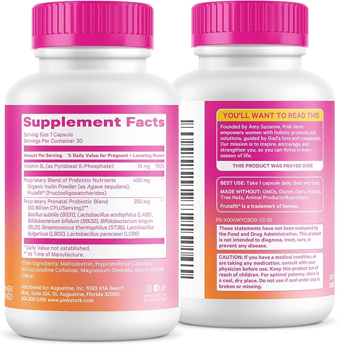 Pink Stork Prenatal Probiotics for Women - Vitamin B6, Prebiotics, Morning Sickness, Gut Microbiome, Pregnancy Probiotic, Immune Support, Pregnancy Must Haves - 60 Capsules