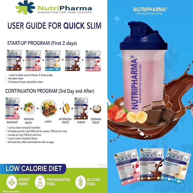 Quick Slim Meal Replacement Shake for Weight Loss, 30 Servings, 20g Protein, 27 Vitamins & Minerals, Dietary Fiber, Low Carb, Gluten Free (Double Chocolate, 30 Sachets)