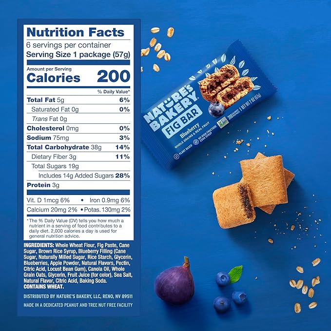 Nature’s Bakery Whole Wheat Fig Bars, Blueberry, Real Fruit, Vegan, Non-GMO, Snack bar, 6 Count (Pack of 6)