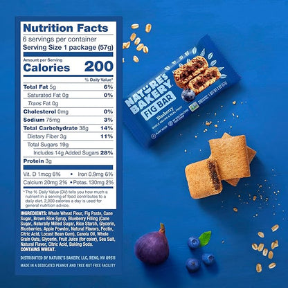 Nature’s Bakery Whole Wheat Fig Bars, Blueberry, Real Fruit, Vegan, Non-GMO, Snack bar, 6 Count (Pack of 6)