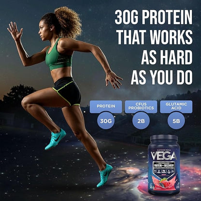 Vega Sport Vegan Protein Powder + Recovery - 30g Plant Based Protein per Serving, Berry, 19 Servings, 5g BCAAs, Probiotics, NSF Certified, for Shakes & Smoothies, 1.8lbs (Packaging May Vary)
