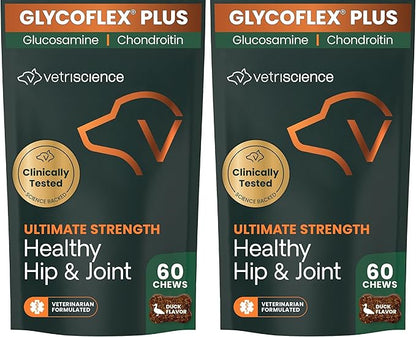 VetriScience Ultimate Strength Healthy Hip & Joint Chews, GlycoFlex Glucosamine,Chondroitin & Green-Lipped Mussel Support Supplement for Dogs, Soothe Joint Discomfort,Duck,60 Count (Pack of 2)