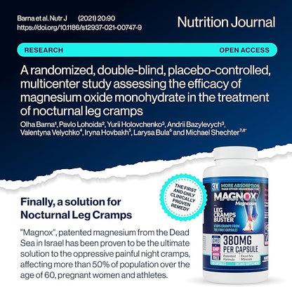 MAGNOX® Buster | Patented Clinically Tested 380mg Magnesium Supplement for Spasms & Leg Cramps at Night | One Capsule a Day for Almost Full Dosage | 3X More Absorption | Dead Sea Minerals (120 Caps)