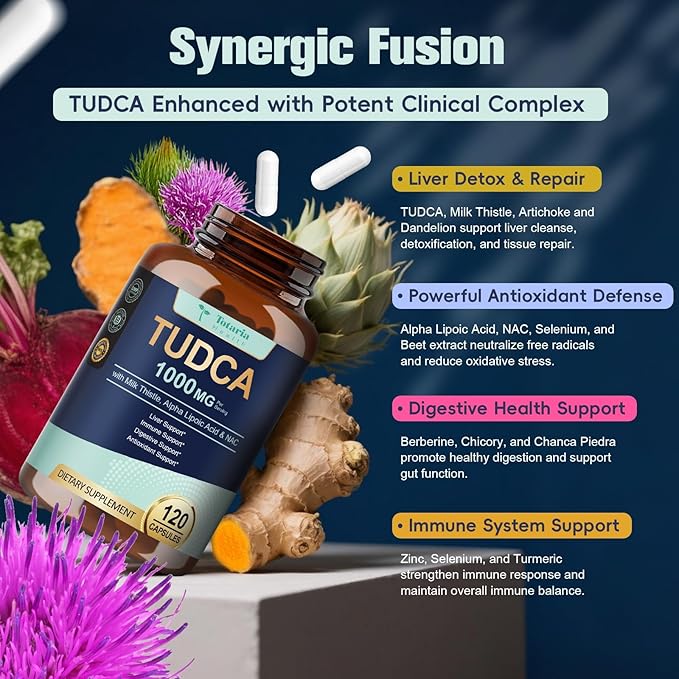 Totaria 2 Packs TUDCA 1000mg Liver Support Supplement with Milk Thistle, NAC, ALA, 80% Silymarin, 15-in-1 Extra Strength Bile Salts
