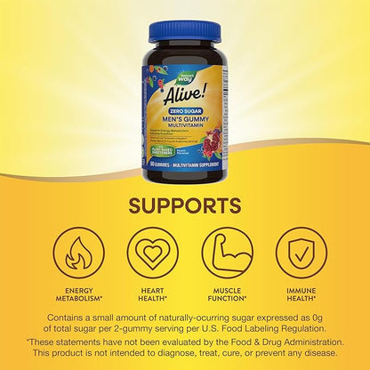 Nature’s Way Alive! Zero Sugar Men's Gummy Multivitamins, Energy Metabolism*, Muscle Function*, B-Vitamins, No Sugar Alcohols, Plant-Based Sweeteners, Peach Flavored, 80 Gummies