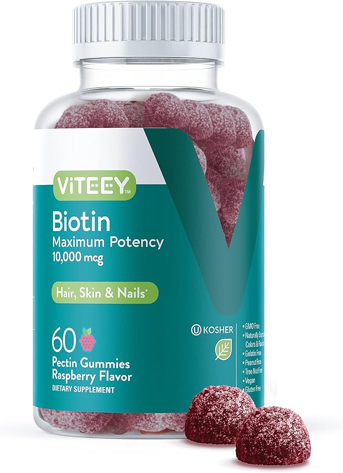 Viteey Biotin Gummies for Hair Skin and Nails - Biotin for Hair Growth Gummies - 10,000 mcg - Vegan, Gluten-Free, Non-GMO – 60 Count