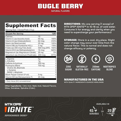 MTN OPS Ignite Sugar Free Energy Drink Powder Trail Packs with 200mg Caffeine, Travel Pre Workout Packets for to-Go Energy, Nootropic Blend, L Arginine & L Citrulline, 20 Servings, Bugle Berry
