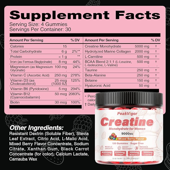 12 IN 1 Creatine Monohydrate Gummies Complex 9000mg for Women and Men，Creatine Gummies for Women with L-Carnitine，Taurine，Collagen，Vitamin C& B12，Sugar Free & Vegan，120 Gummy，Mixed Berry Flavor