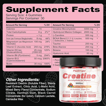 12 IN 1 Creatine Monohydrate Gummies Complex 9000mg for Women and Men，Creatine Gummies for Women with L-Carnitine，Taurine，Collagen，Vitamin C& B12，Sugar Free & Vegan，120 Gummy，Mixed Berry Flavor
