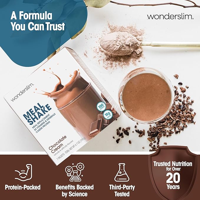 WonderSlim Meal Replacement Shake, Chocolate Cream, 15g Protein, 24 Vitamins & Minerals, Gluten Free (7ct)