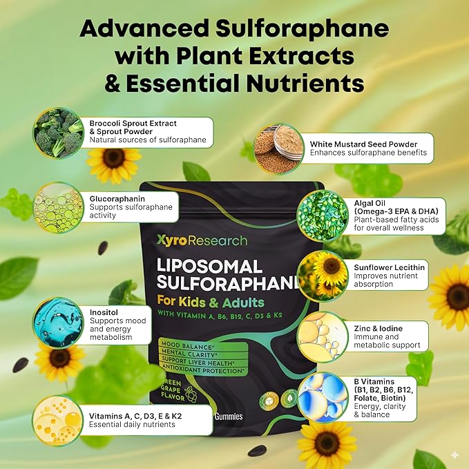 Liposomal Sulforaphane Gummies - 150mg Broccoli Sprout Extract with Vitamins Supplement for Kids Adults - Antioxidant Cellular Health & Liver Detox Support - Non-GMO Vegan Sugar-Free