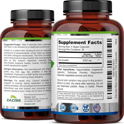 Zazzee Myo-Inositol Capsules, 2000 mg per Serving, 120 Vegan Capsules, Ideal Dosage for 40:1 Ratio, Certified Kosher, Hormone Balance & Healthy Ovarian Function Support, Non-GMO, Made in the USA