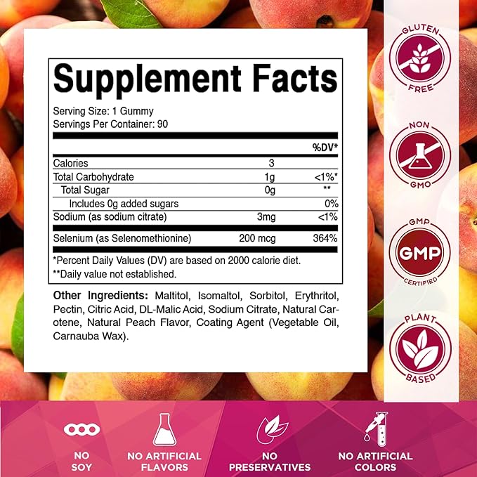Vitamatic Yeast Free Selenium Gummies 200mcg as Selenomethionine Supplement Essential Trace Mineral with Superior Absorption 90 Pectin Based Gummies