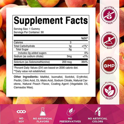 Vitamatic Yeast Free Selenium Gummies 200mcg as Selenomethionine Supplement Essential Trace Mineral with Superior Absorption 90 Pectin Based Gummies