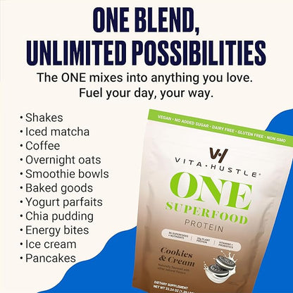 VitaHustle ONE Vegan Cookies & Cream Protein Powder - 20g Plant Protein Meal Replacement with 86+ Superfoods & Greens, Probiotics + No Bloat Digestive Blend - Dairy Free, Gluten Free (15 Servings)