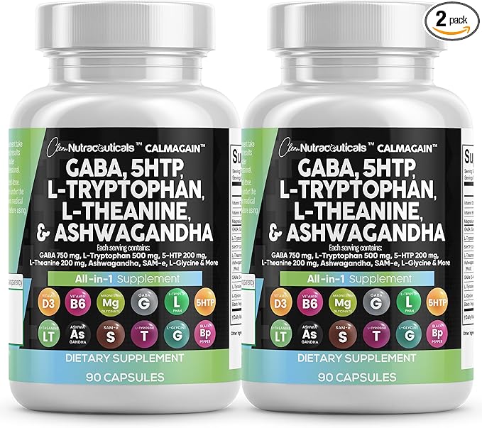 Clean Nutraceuticals GABA 750mg 5 HTP 200mg L Tryptophan 500mg L Theanine 200mg Ashwagandha SAM-e L-Glycine - Mood Support Vitamins for Women and Men with L-Tyrosine (90 Count (Pack of 2))