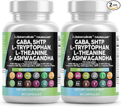 Clean Nutraceuticals GABA 750mg 5 HTP 200mg L Tryptophan 500mg L Theanine 200mg Ashwagandha SAM-e L-Glycine - Mood Support Vitamins for Women and Men with L-Tyrosine (90 Count (Pack of 2))