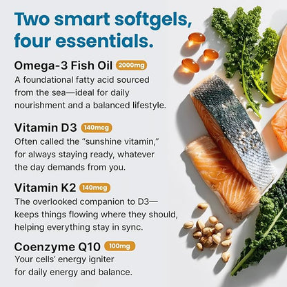 5-in-1 Fish Oil Omega 3 Fatty Supplements (2100mg) - Omega 3 Fish Oil with Vitamins D3 K2 and CoQ10 - Lemon Flavored (120 softgels, Pack of 3)
